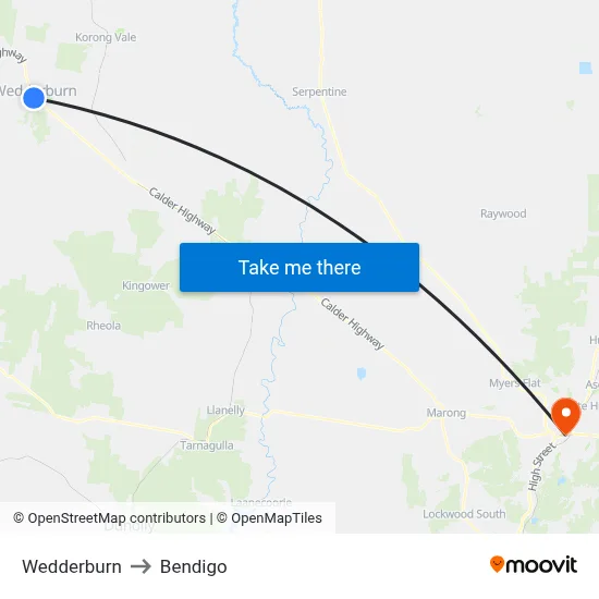 Wedderburn to Bendigo map