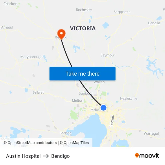 Austin Hospital to Bendigo map
