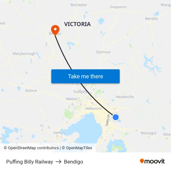 Puffing Billy Railway to Bendigo map