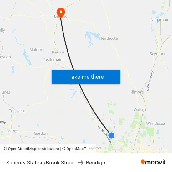 Sunbury Station/Brook Street to Bendigo map
