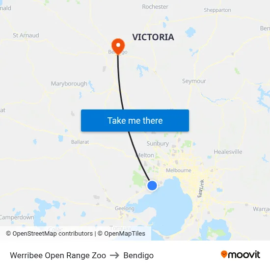 Werribee Open Range Zoo to Bendigo map