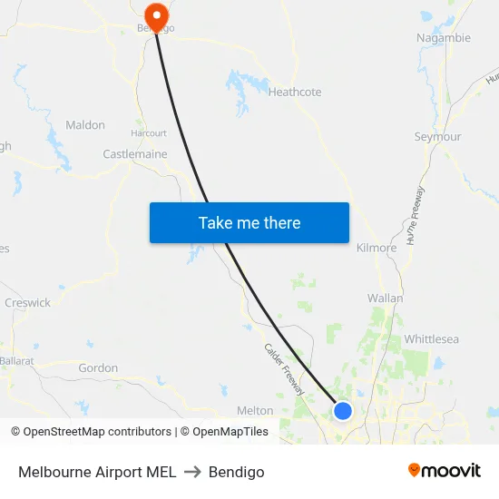 Melbourne Airport MEL to Bendigo map