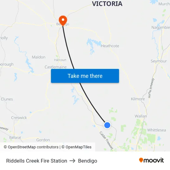 Riddells Creek Fire Station to Bendigo map