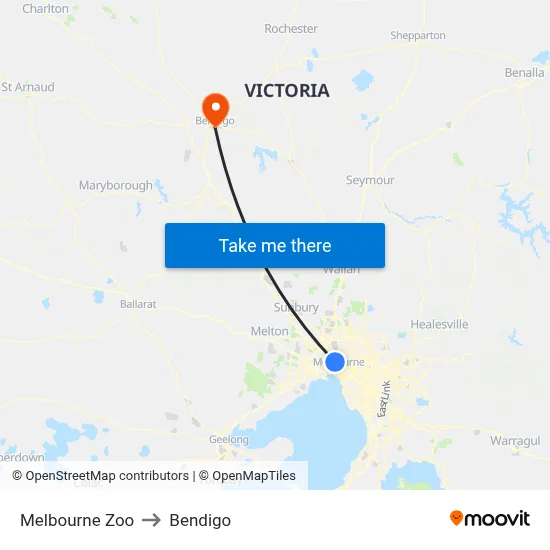 Melbourne Zoo to Bendigo map