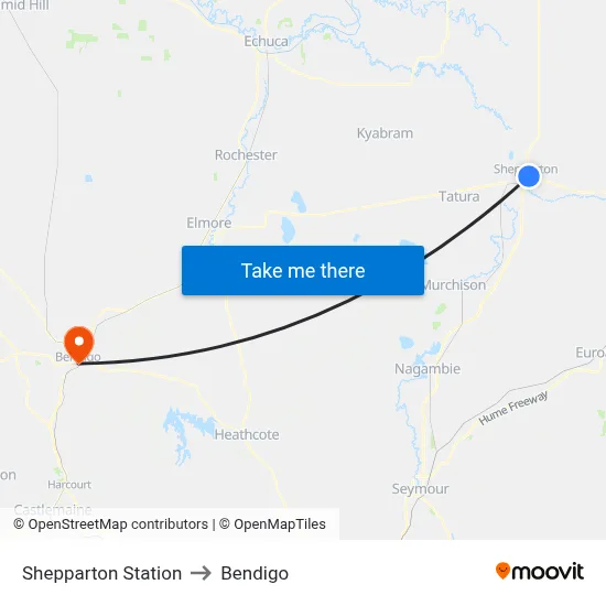 Shepparton Station to Bendigo map