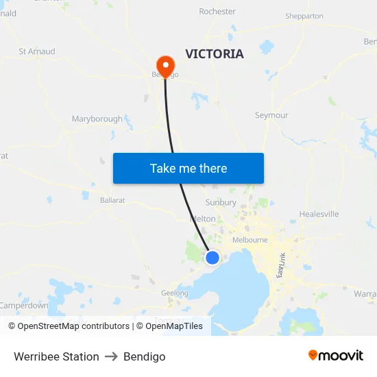 Werribee Station to Bendigo map