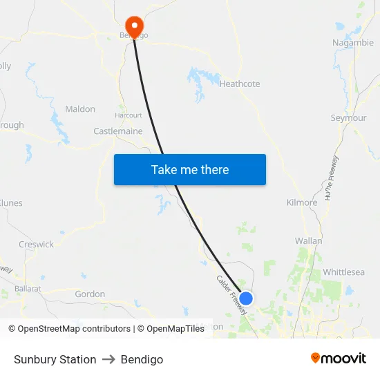 Sunbury Station to Bendigo map