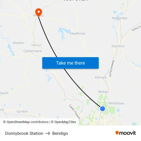 Donnybrook Station to Bendigo map