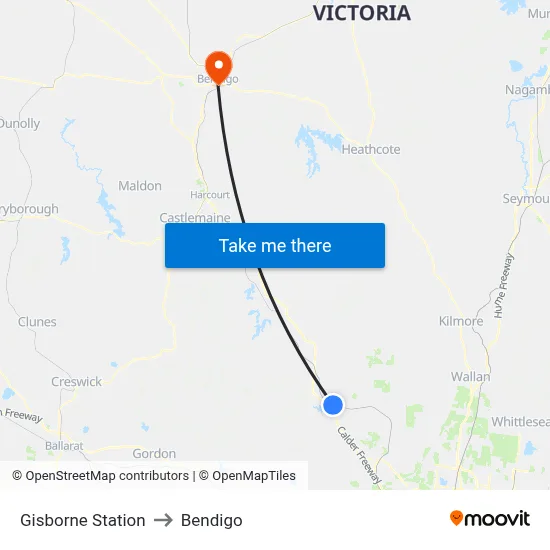 Gisborne Station to Bendigo map