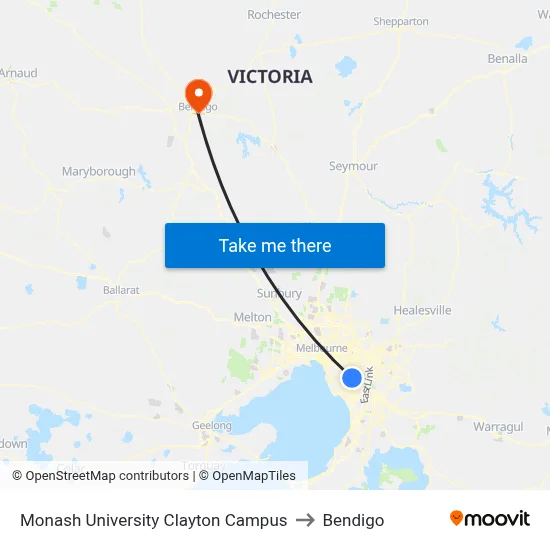 Monash University Clayton Campus to Bendigo map
