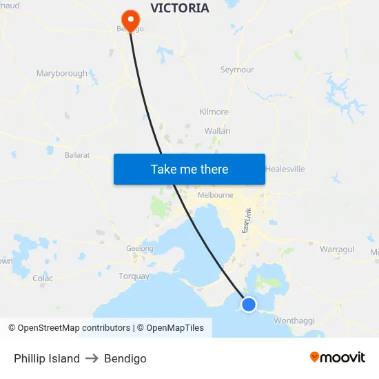 Phillip Island to Bendigo map