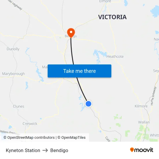 Kyneton Station to Bendigo map