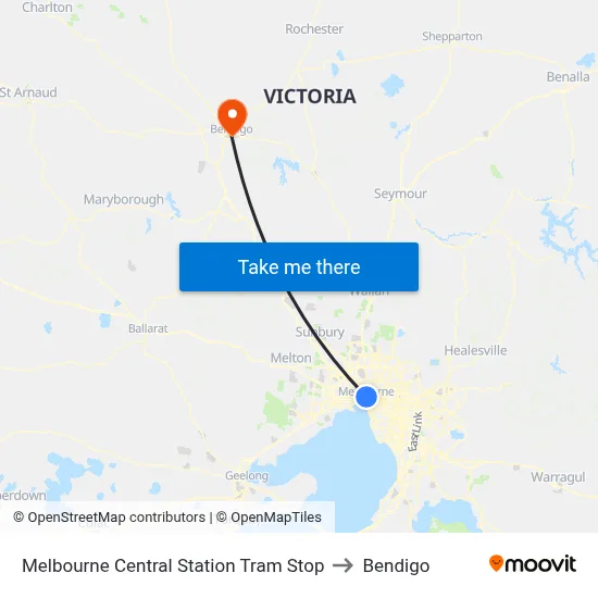 Melbourne Central Station Tram Stop to Bendigo map