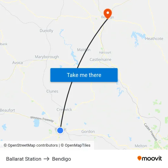 Ballarat Station to Bendigo map