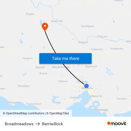 Broadmeadows to Berriwillock map