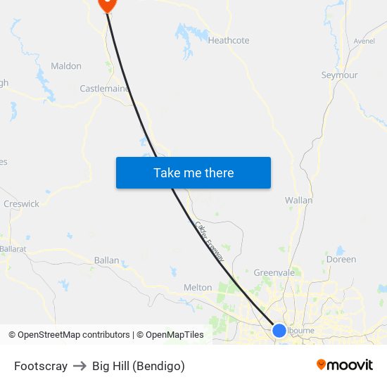 Footscray to Big Hill (Bendigo) map