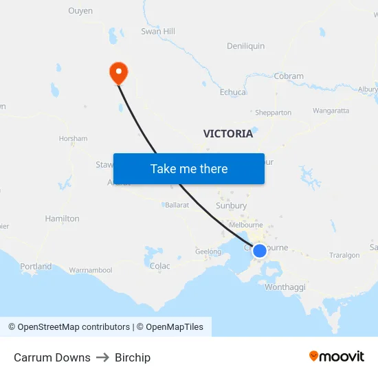 Carrum Downs to Birchip map