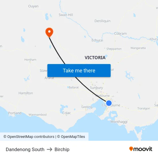 Dandenong South to Birchip map