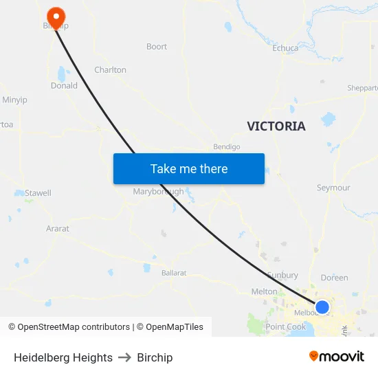 Heidelberg Heights to Birchip map