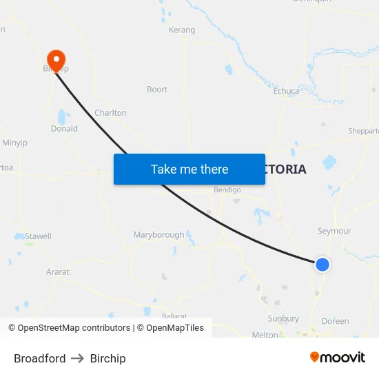Broadford to Birchip map