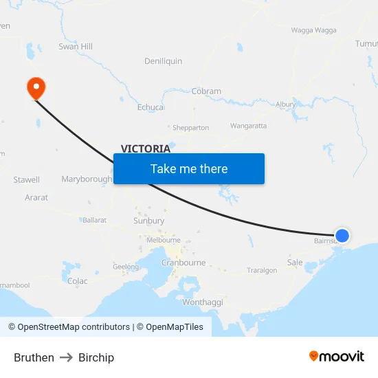Bruthen to Birchip map