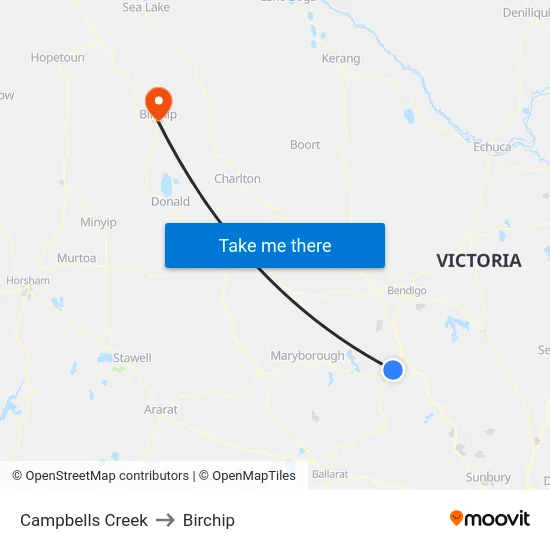 Campbells Creek to Birchip map