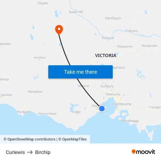 Curlewis to Birchip map