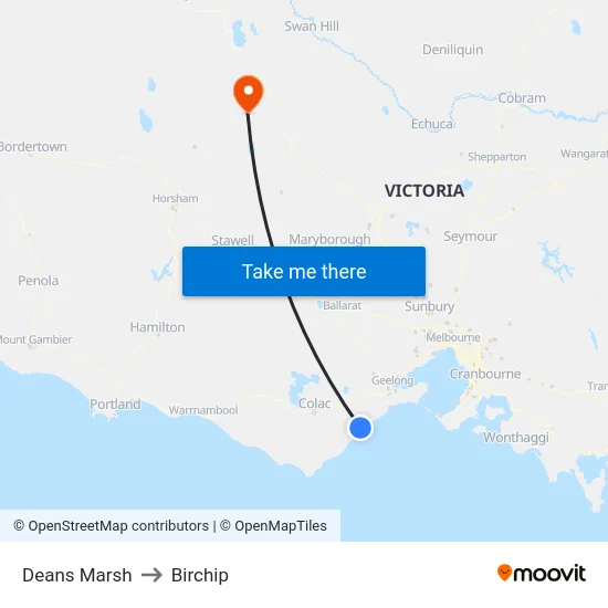 Deans Marsh to Birchip map