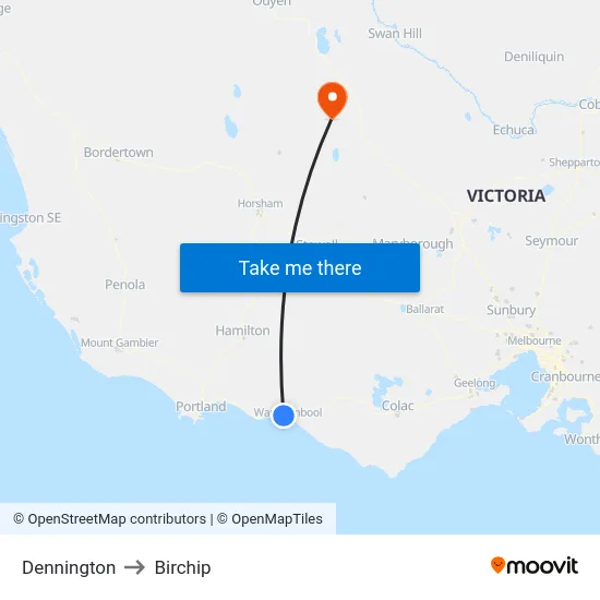 Dennington to Birchip map
