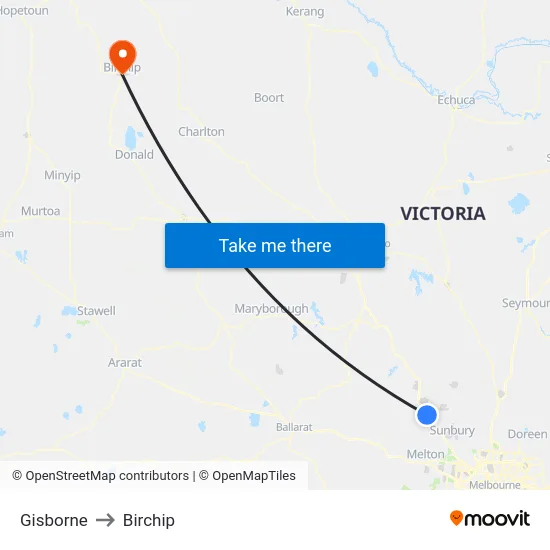 Gisborne to Birchip map