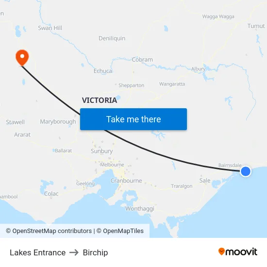 Lakes Entrance to Birchip map