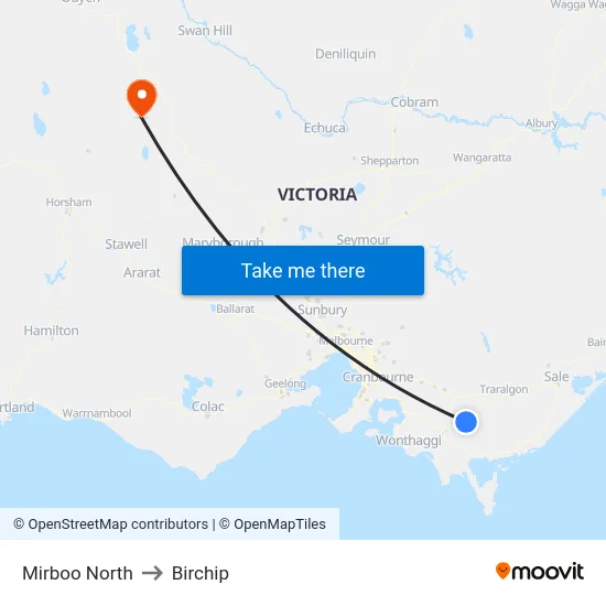 Mirboo North to Birchip map