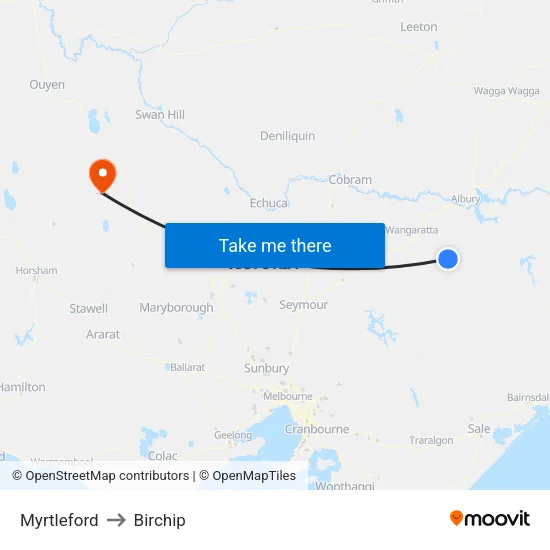 Myrtleford to Birchip map