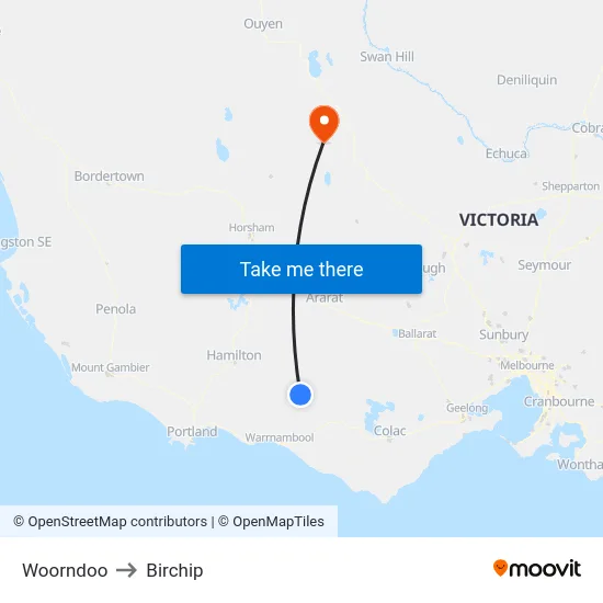 Woorndoo to Birchip map