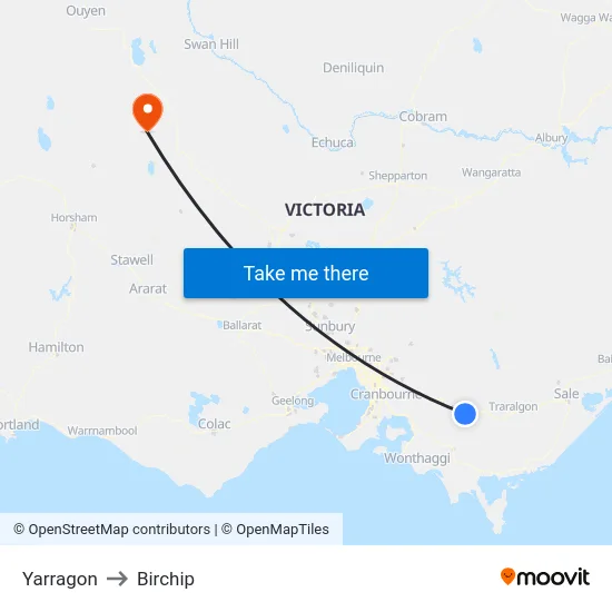 Yarragon to Birchip map