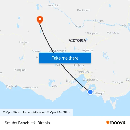 Smiths Beach to Birchip map