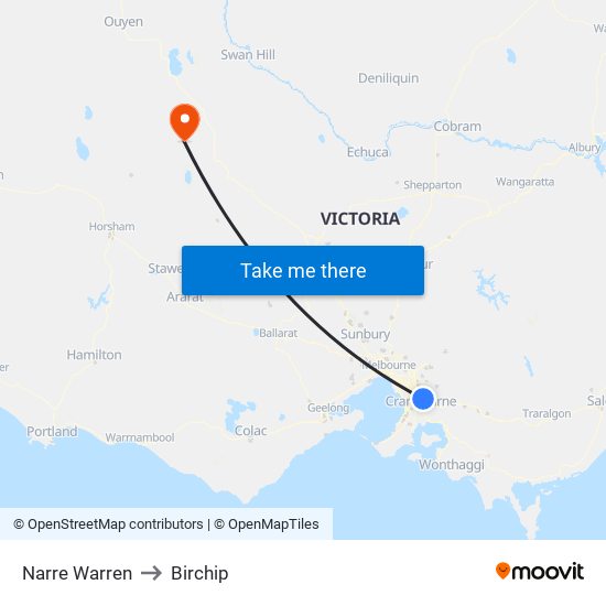 Narre Warren to Birchip map