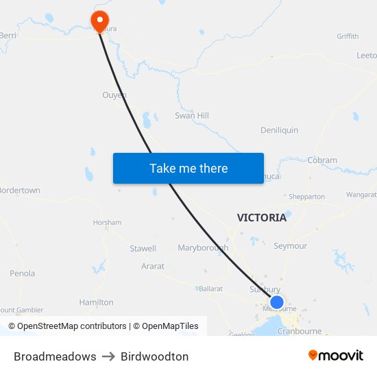 Broadmeadows to Birdwoodton map