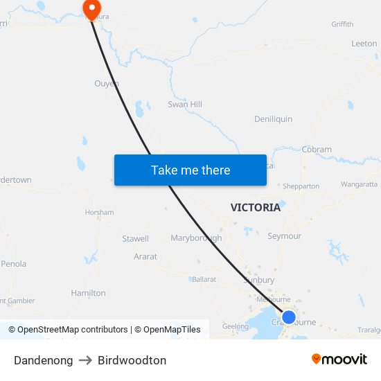 Dandenong to Birdwoodton map