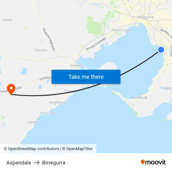 Aspendale to Birregurra map