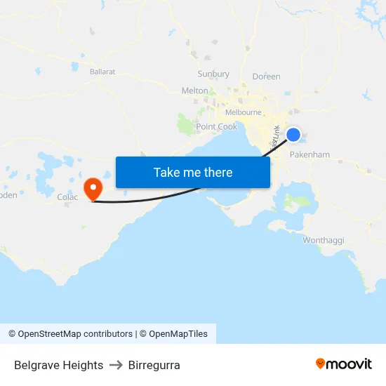 Belgrave Heights to Birregurra map