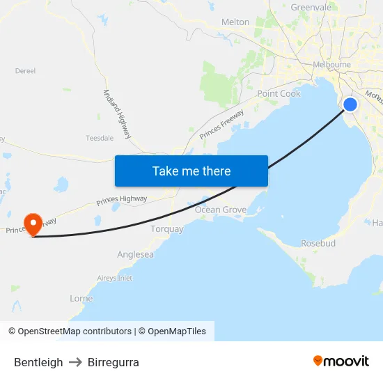Bentleigh to Birregurra map