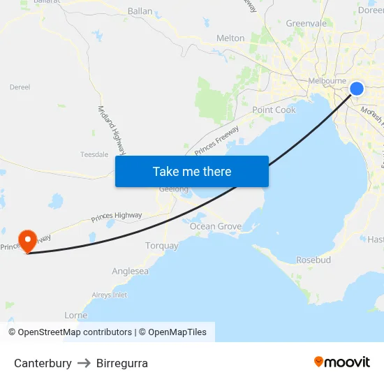 Canterbury to Birregurra map
