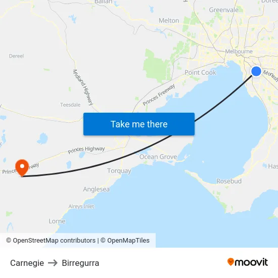 Carnegie to Birregurra map