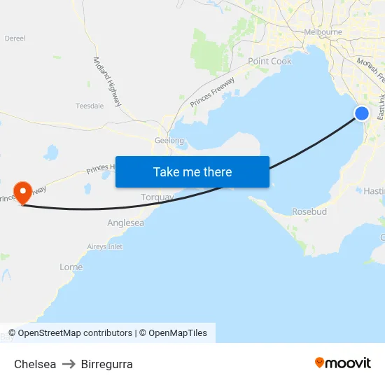 Chelsea to Birregurra map