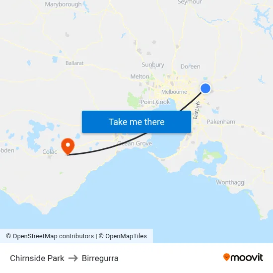 Chirnside Park to Birregurra map
