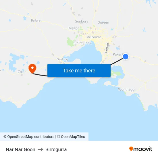 Nar Nar Goon to Birregurra map