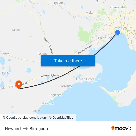 Newport to Birregurra map