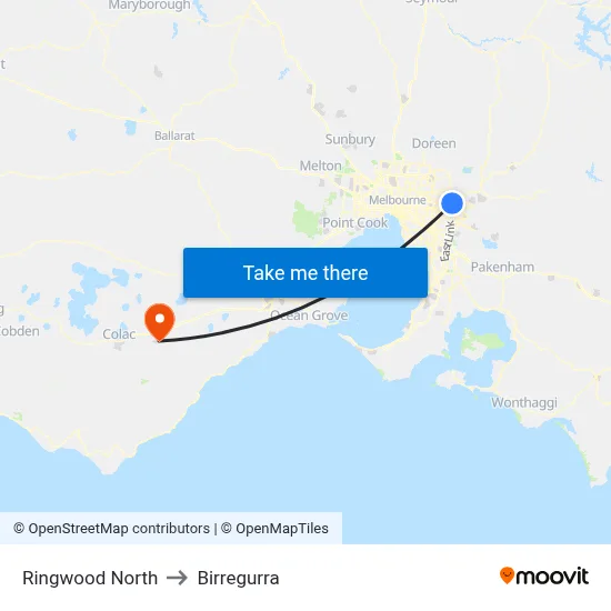 Ringwood North to Birregurra map