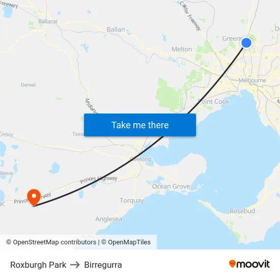 Roxburgh Park to Birregurra map